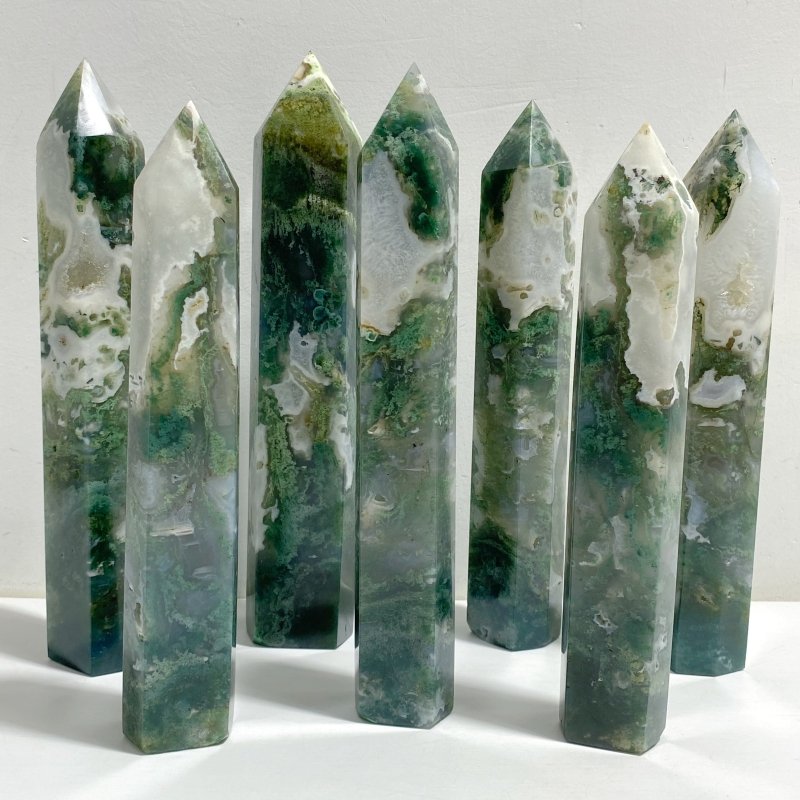 7 Pieces Large Green Moss Agate Points -Wholesale Crystals