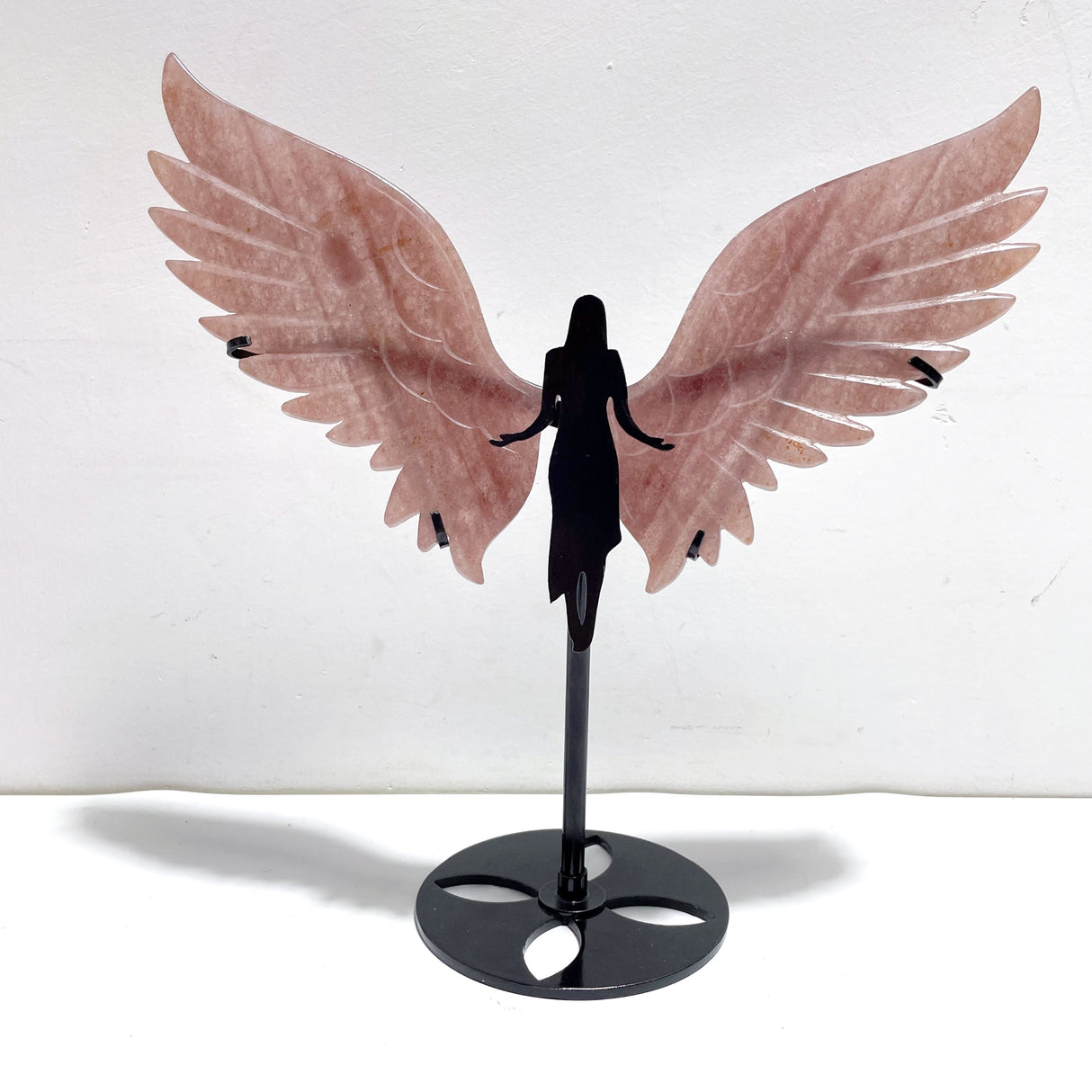 Beautiful Strawberry Quartz Angel Wing Carving With Stand