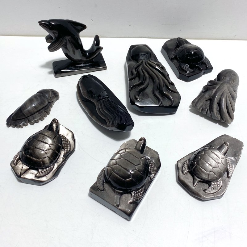 9 Pieces Silver Sheen Obsidian Sea Animals Carving - Wholesale Crystals