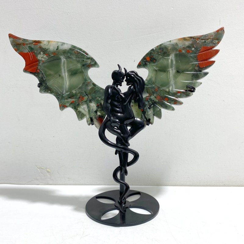 Africa Blood Stone Demon And Angel Wing Carving With Stand - Wholesale Crystals