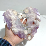 Amethyst Mixed Sakura Agate Heart Carving With Stand - Wholesale Crystals