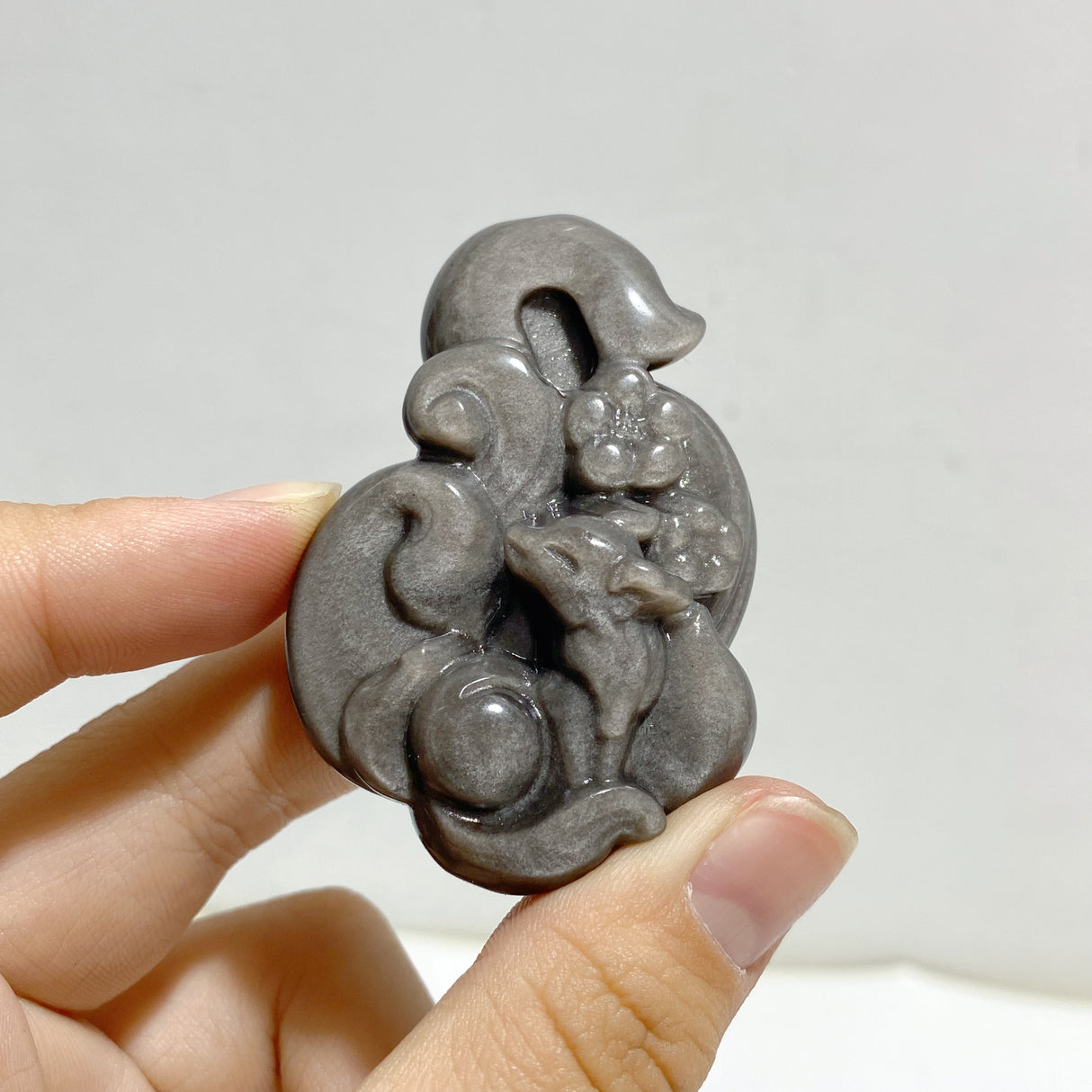 Silver Sheen Obsidian Nine-tailed Fox Carving Wholesale