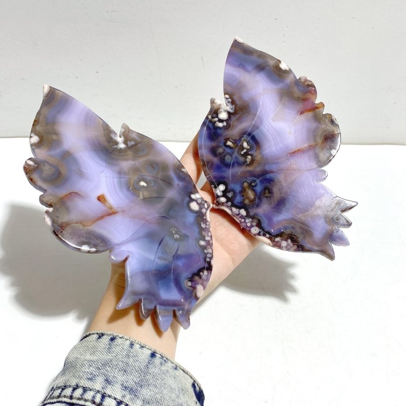 Beautiful Purple Sakura Flower Agate Butterfly Wing Carving With Stand - Wholesale Crystals