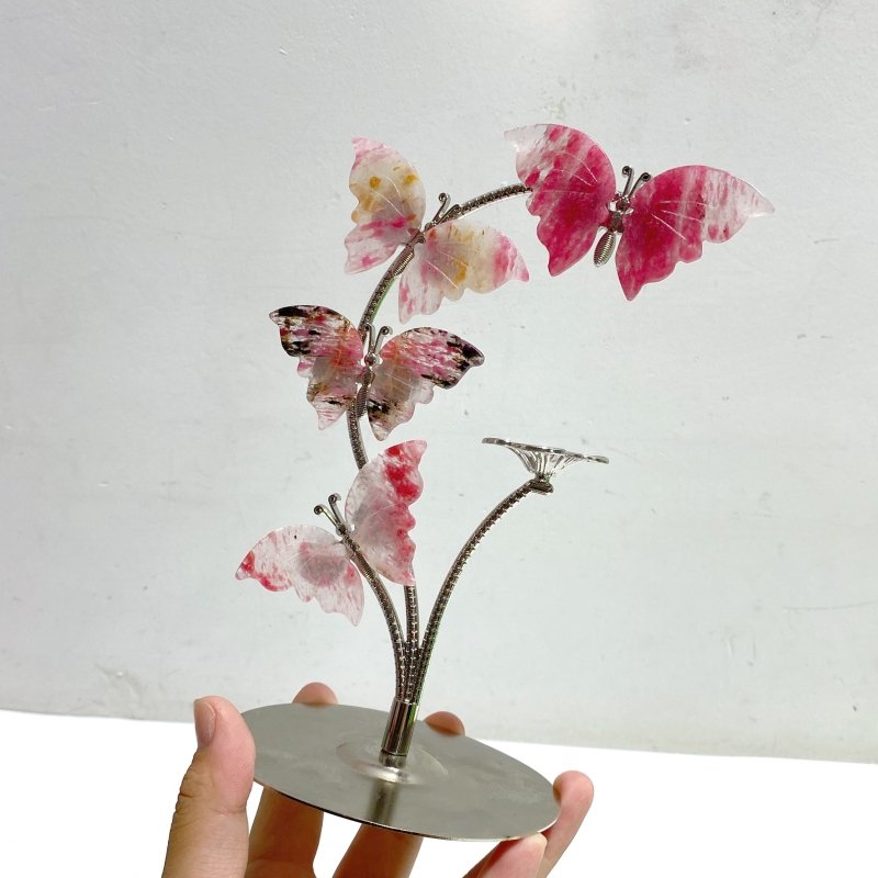 Beautiful Rhodonite Mixed Quartz Butterfly Flower Carving With Stand Wholesale -Wholesale Crystals