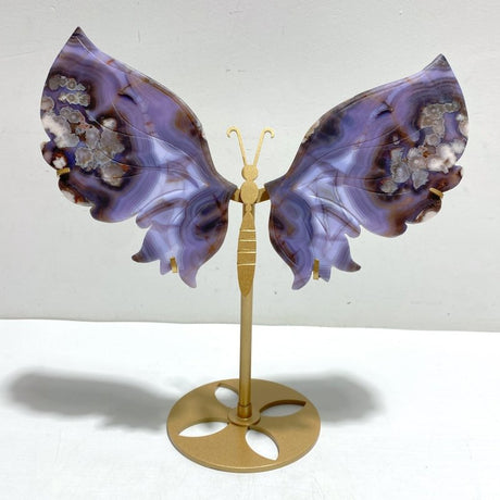 Beautiful Symmetric Purple Flower Agate Butterfly Wing Carving With Stand - Wholesale Crystals