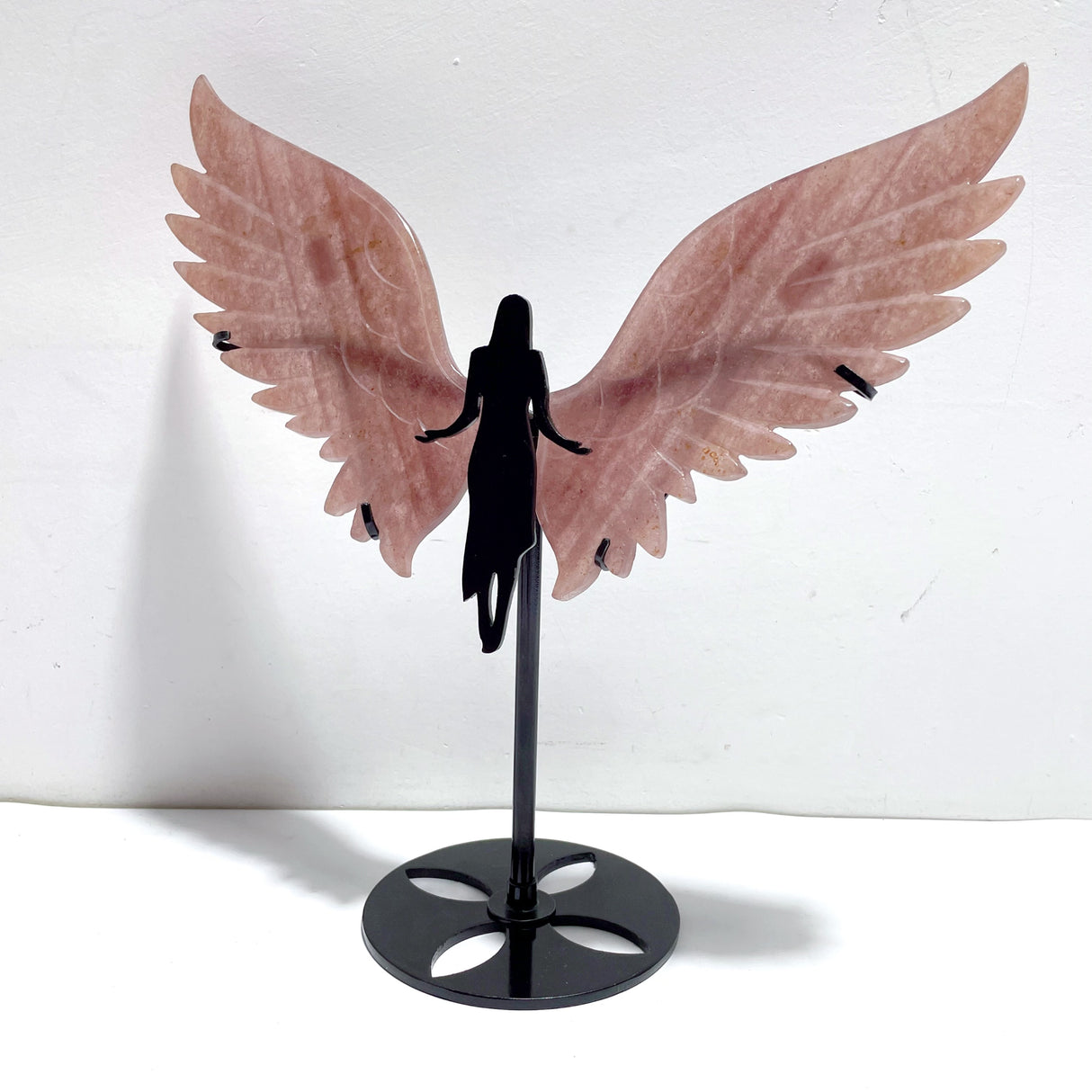 Beautiful Strawberry Quartz Angel Wing Carving With Stand