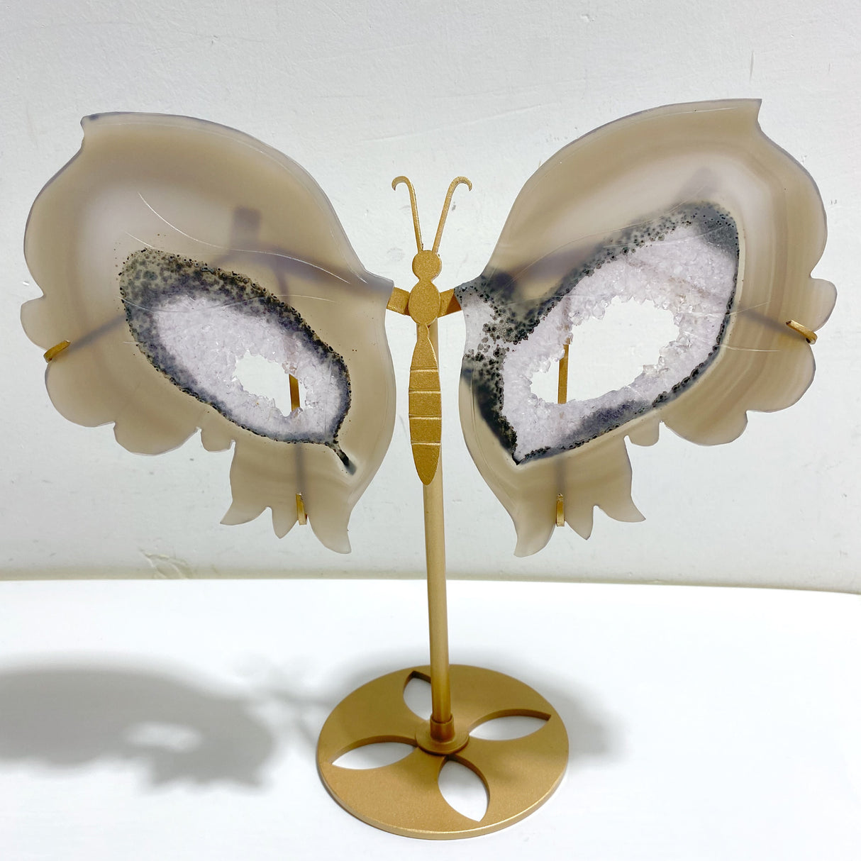 Unique Geode Druzy Agate Butterfly Wing Carving With Stand