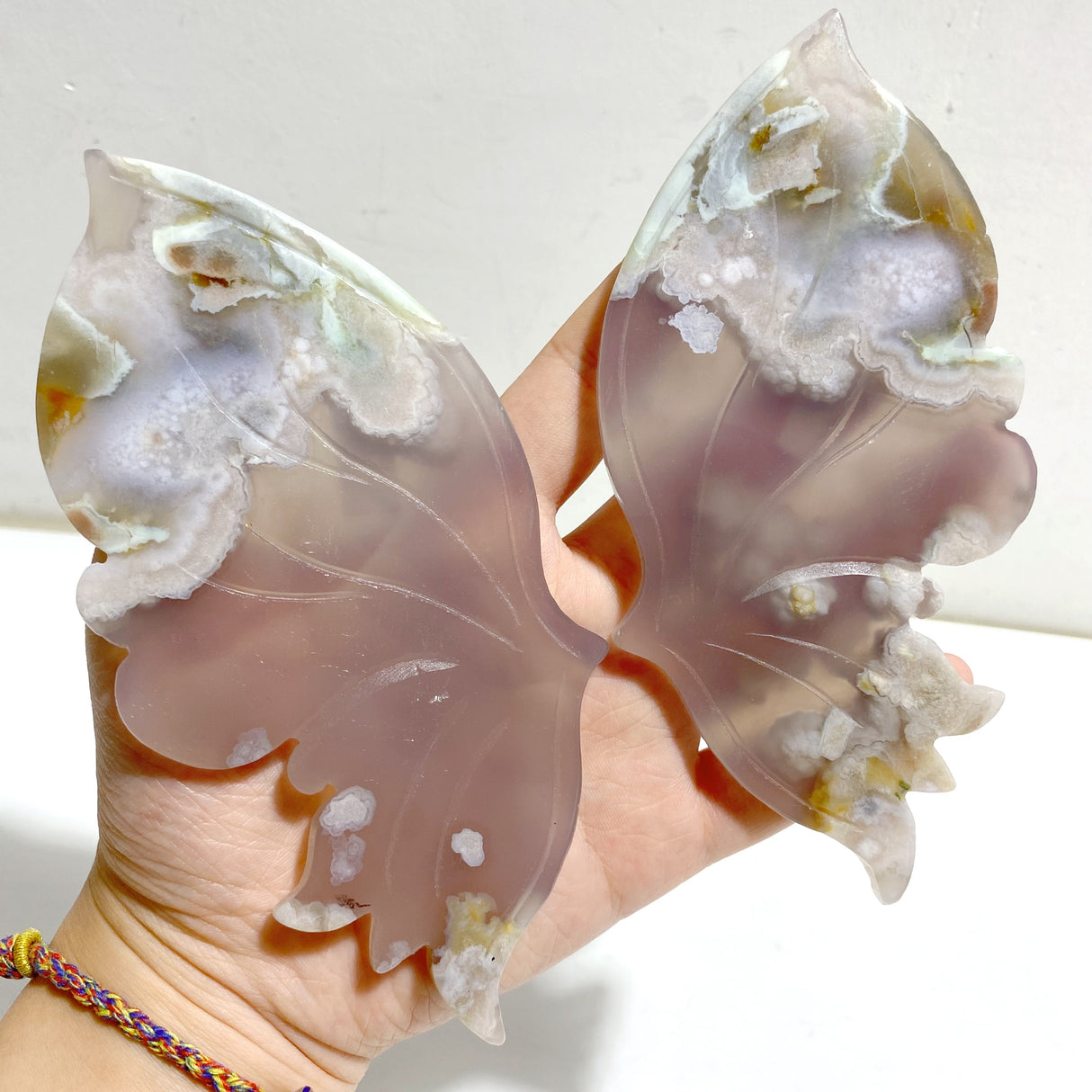 Beautiful Green Sakura Flower Agate Butterfly Wing Carving With Stand