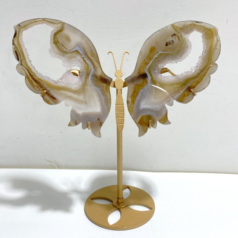 Geode Druzy Agate Butterfly Wing Carving With Stand -Wholesale Crystals