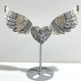 Gray Lace Agate Heart Wing Carving With Stand -Wholesale Crystals