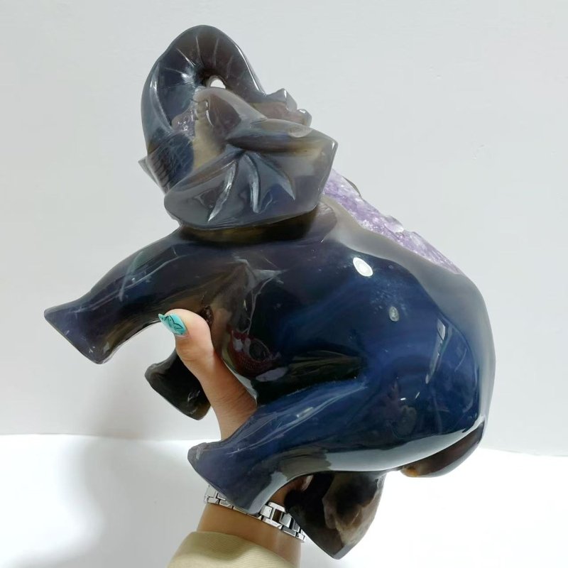 Large Geode Amethyst Mixed Agate Druzy Elephant Animal Carving - Wholesale Crystals