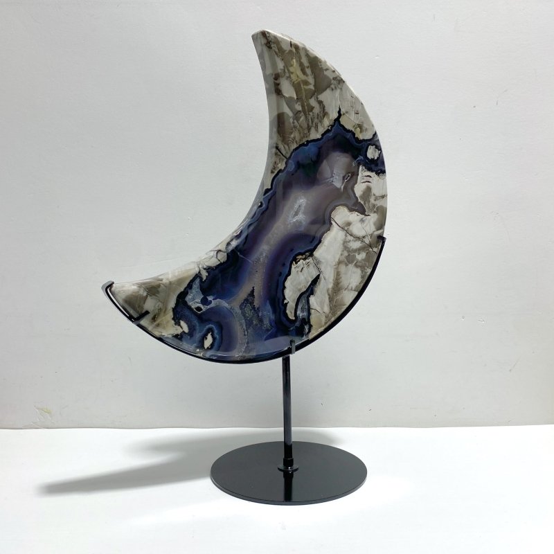 Large Geode Volcano Agate Moon Carving With Stand(UV - Reactive) 1 - Wholesale Crystals
