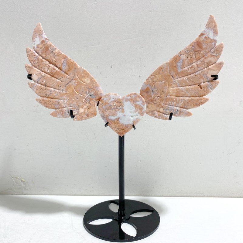 Pink Agate Heart Wing Carving With Stand -Wholesale Crystals