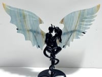 Blue Onyx Demon And Angel Wing Carving With Stand Ornament