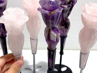 6 Pieces Rose Quartz Chevron Amethyst Flower Carving With Stand