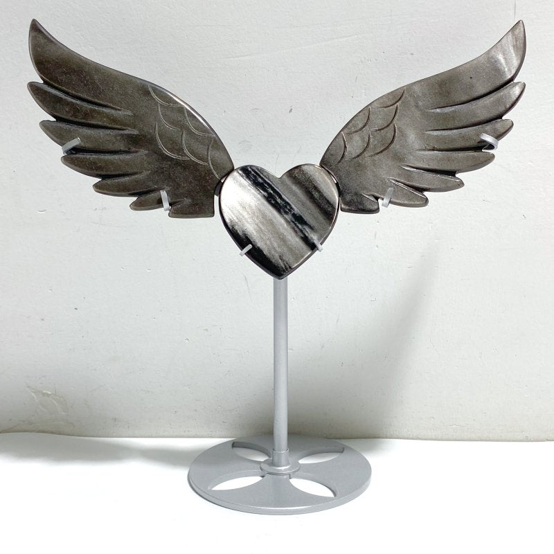 Silver Sheen Obsidian Heart Wing Carving With Stand -Wholesale Crystals