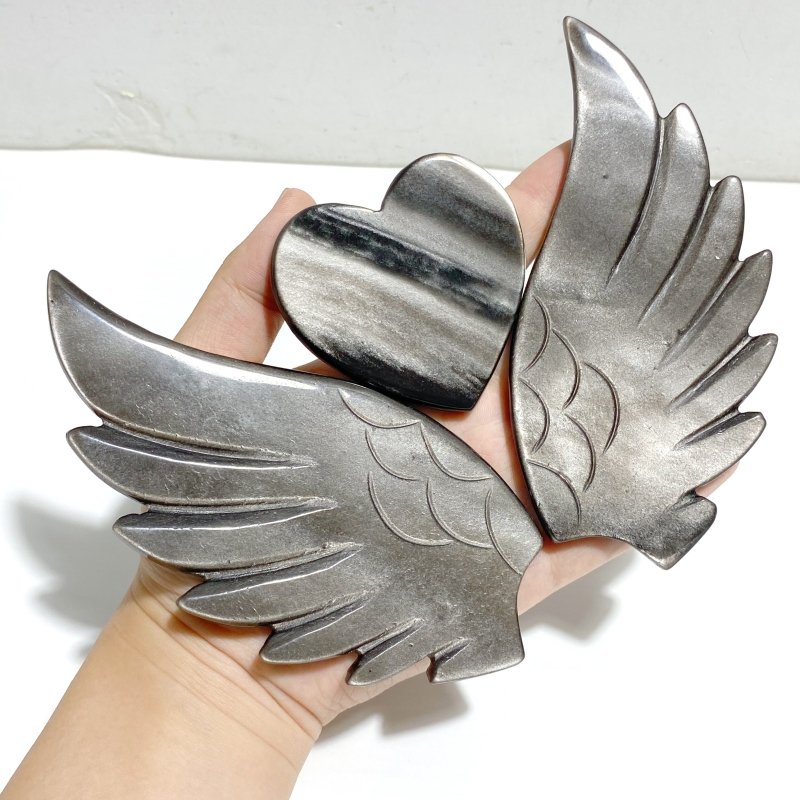 Silver Sheen Obsidian Heart Wing Carving With Stand -Wholesale Crystals