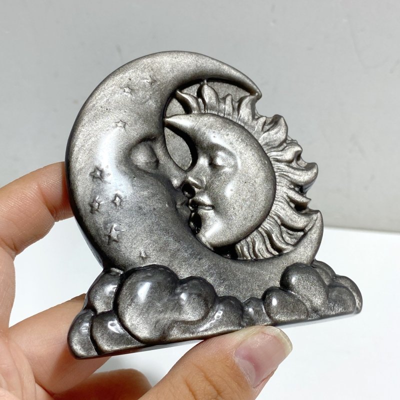 Silver Sheen Obsidian Sun & Moon Face Carving Wholesale -Wholesale Crystals
