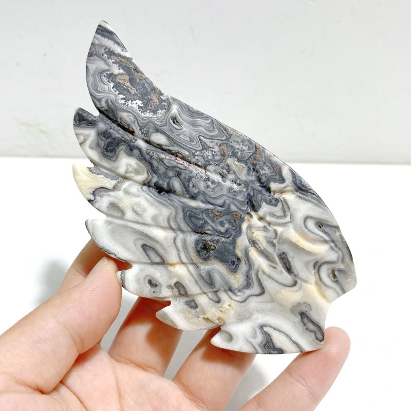 Unique Gray Blue Agate Heart Wing Carving With Stand - Wholesale Crystals