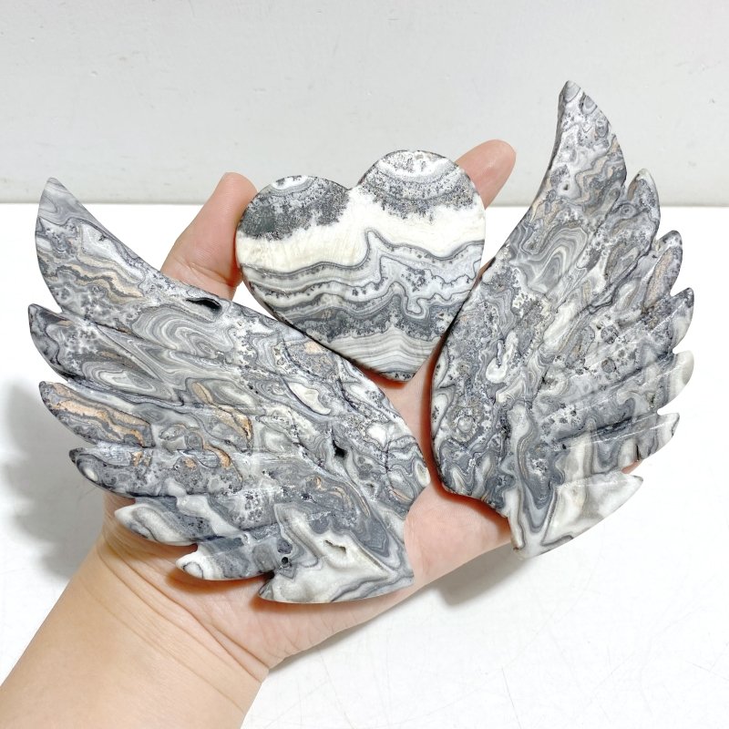 Unique Gray Lace Agate Heart Wing Carving With Stand - Wholesale Crystals