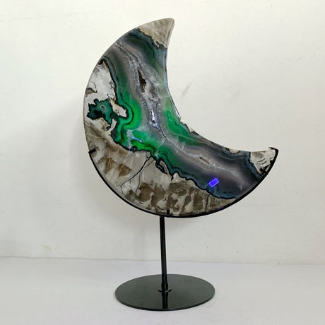Unique Large Geode Druzy Volcano Agate Moon Carving With Stand(UV - Reactive) 8 - Wholesale Crystals