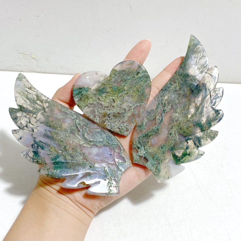Unique Moss Agate Heart Wing Carving With Stand - Wholesale Crystals