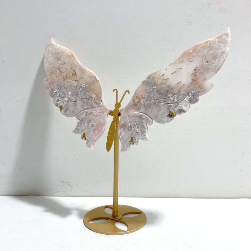 Unique Sakura Flower Agate Butterfly Wing Carving With Stand - Wholesale Crystals