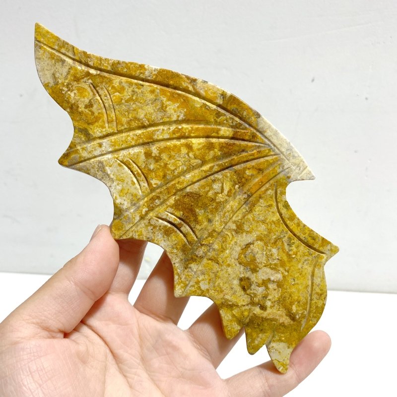 Unique Yellow Ocean Jasper Demon Angel Wing Carving With Stand - Wholesale Crystals