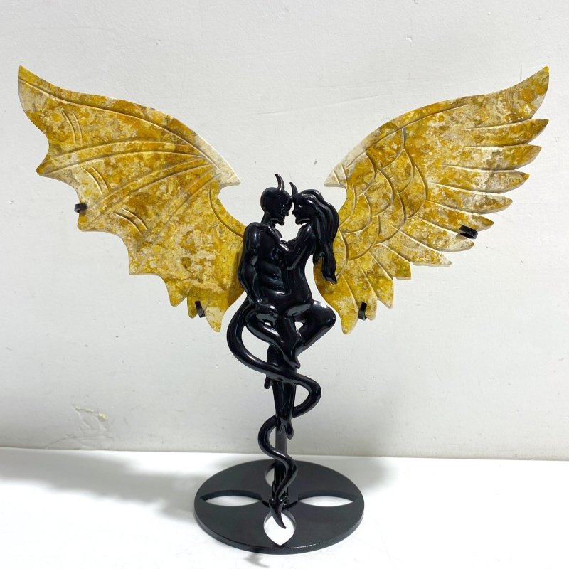 Unique Yellow Ocean Jasper Demon Angel Wing Carving With Stand - Wholesale Crystals